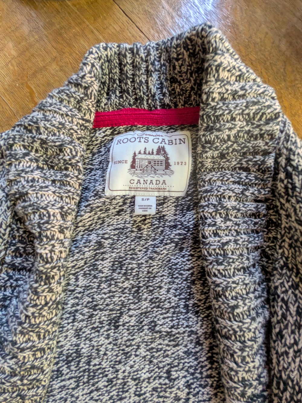 Roots Cabin Shawl Collar Cardigan — Black & Cream with Red Trim